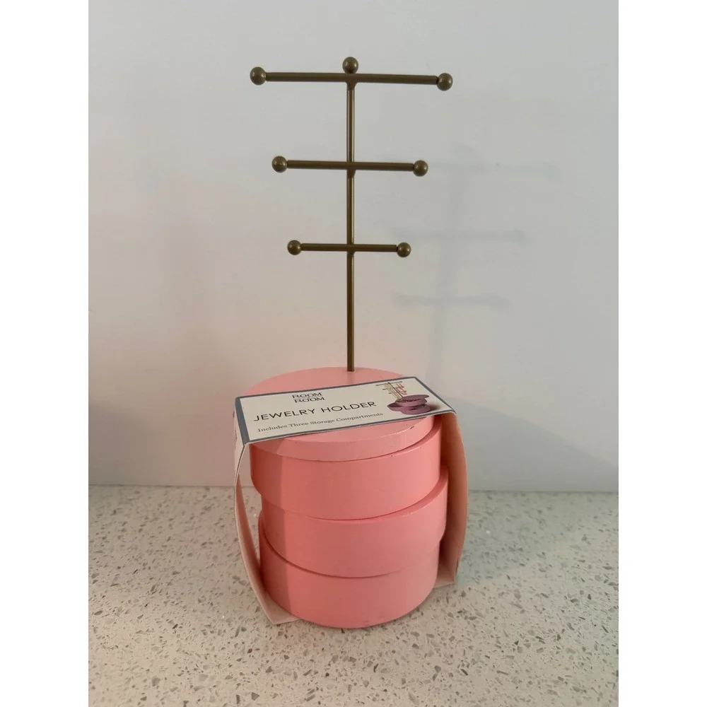 Room 2 Room Pink Jewelry Holder 3 Tier Metal Stand with 3 Storage Compartments